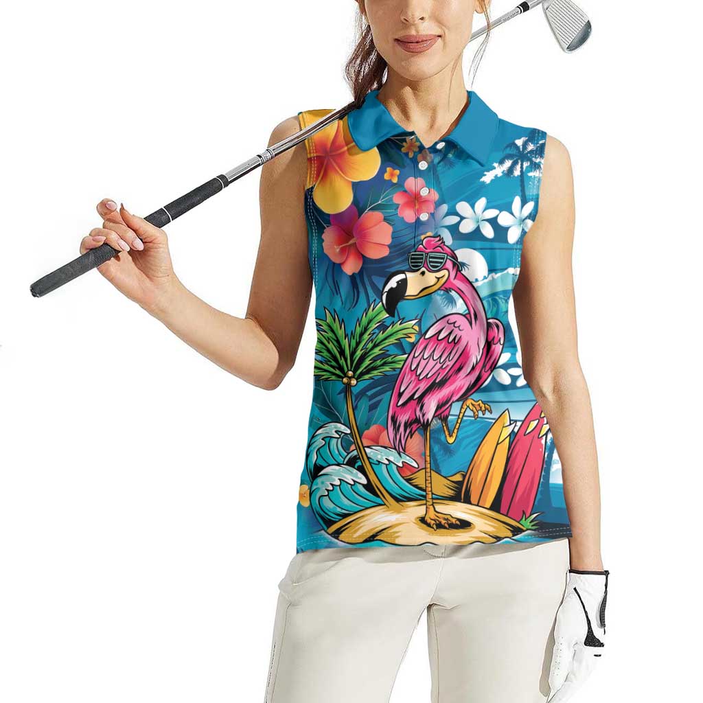 Hawaiian Flamingo Hibiscus Personalised Women Sleeveless Polo Shirt Blue Summer Tropical Flowers LT9 - Polynesian Pride