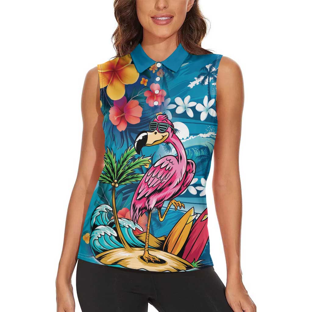 Hawaiian Flamingo Hibiscus Personalised Women Sleeveless Polo Shirt Blue Summer Tropical Flowers LT9 - Polynesian Pride