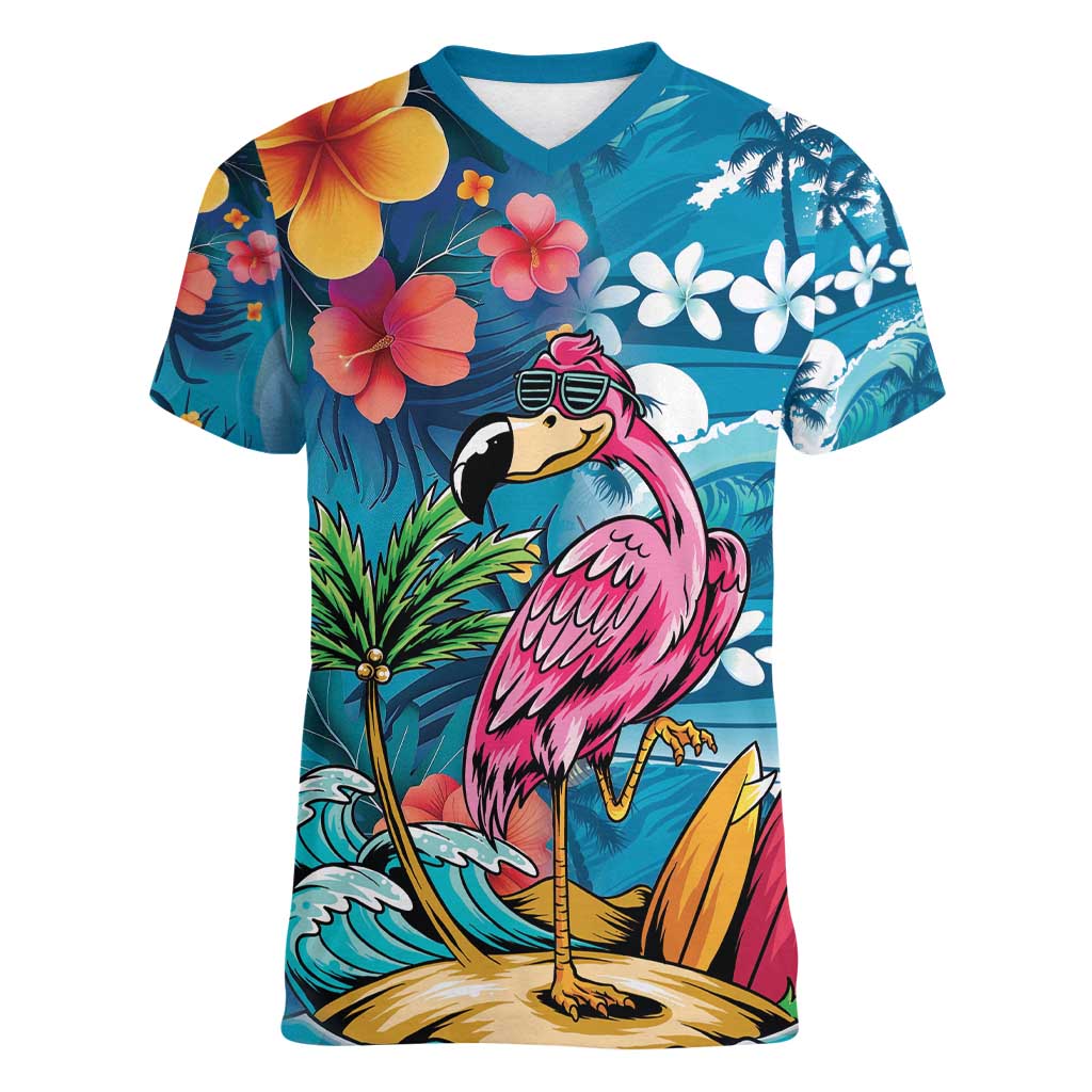 Hawaiian Flamingo Hibiscus Personalised Women V-Neck T-Shirt Blue Summer Tropical Flowers LT9 Female Blue - Polynesian Pride