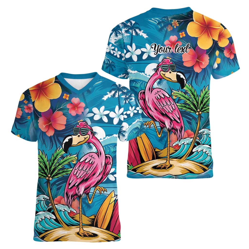 Hawaiian Flamingo Hibiscus Personalised Women V-Neck T-Shirt Blue Summer Tropical Flowers LT9 - Polynesian Pride
