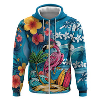 Hawaiian Flamingo Hibiscus Personalised Zip Hoodie Blue Summer Tropical Flowers - Polynesian Pride