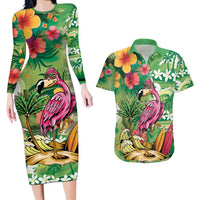 Hawaiian Flamingo Hibiscus Personalised Couples Matching Long Sleeve Bodycon Dress and Hawaiian Shirt Green Summer Tropical Flowers LT9 Green - Polynesian Pride