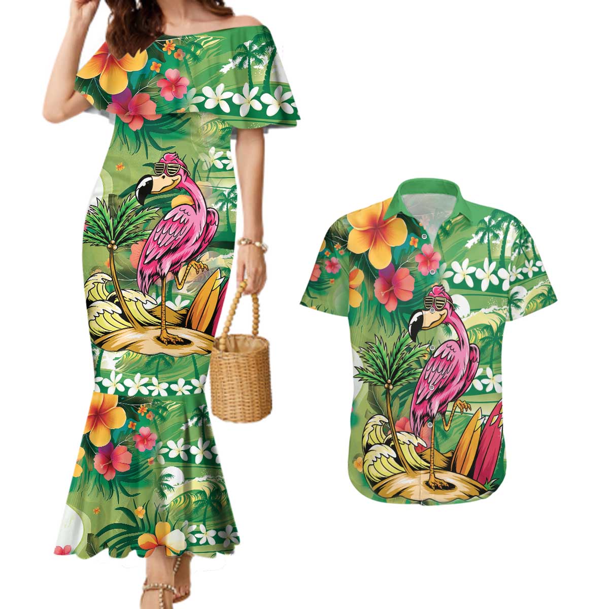 Hawaiian Flamingo Hibiscus Personalised Couples Matching Mermaid Dress and Hawaiian Shirt Green Summer Tropical Flowers - Polynesian Pride