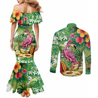 Hawaiian Flamingo Hibiscus Personalised Couples Matching Mermaid Dress and Long Sleeve Button Shirt Green Summer Tropical Flowers LT9 - Polynesian Pride