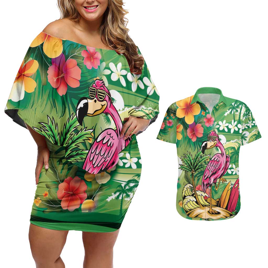 Hawaiian Flamingo Hibiscus Personalised Couples Matching Off Shoulder Short Dress and Hawaiian Shirt Green Summer Tropical Flowers LT9 Green - Polynesian Pride
