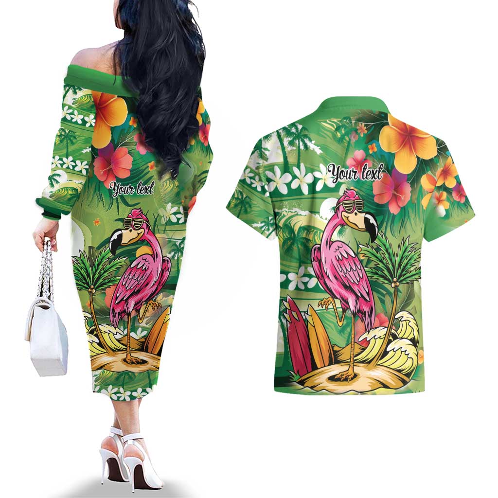 Hawaiian Flamingo Hibiscus Personalised Couples Matching Off The Shoulder Long Sleeve Dress and Hawaiian Shirt Green Summer Tropical Flowers LT9 - Polynesian Pride