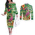 Hawaiian Flamingo Hibiscus Personalised Couples Matching Off The Shoulder Long Sleeve Dress and Long Sleeve Button Shirt Green Summer Tropical Flowers - Polynesian Pride