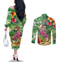 Hawaiian Flamingo Hibiscus Personalised Couples Matching Off The Shoulder Long Sleeve Dress and Long Sleeve Button Shirt Green Summer Tropical Flowers LT9 - Polynesian Pride