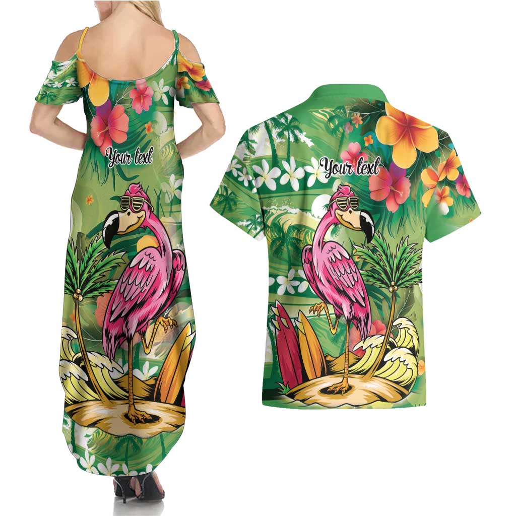 Hawaiian Flamingo Hibiscus Personalised Couples Matching Summer Maxi Dress and Hawaiian Shirt Green Summer Tropical Flowers LT9 - Polynesian Pride