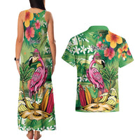 Hawaiian Flamingo Hibiscus Personalised Couples Matching Tank Maxi Dress and Hawaiian Shirt Green Summer Tropical Flowers LT9 - Polynesian Pride