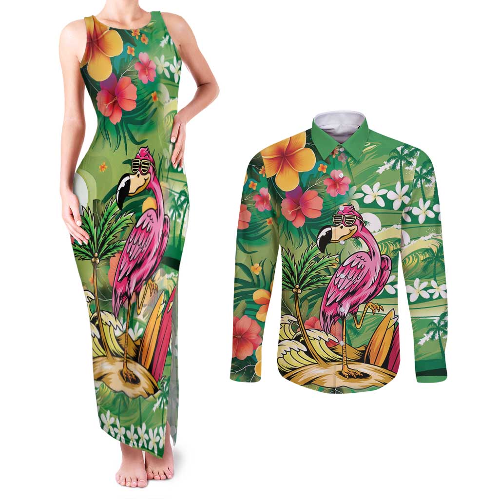 Hawaiian Flamingo Hibiscus Personalised Couples Matching Tank Maxi Dress and Long Sleeve Button Shirt Green Summer Tropical Flowers LT9 Green - Polynesian Pride