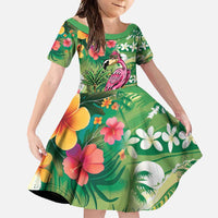 Hawaiian Flamingo Hibiscus Personalised Family Matching Long Sleeve Bodycon Dress and Hawaiian Shirt Green Summer Tropical Flowers LT9 Daughter's Dress Green - Polynesian Pride