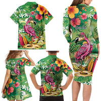 Hawaiian Flamingo Hibiscus Personalised Family Matching Long Sleeve Bodycon Dress and Hawaiian Shirt Green Summer Tropical Flowers LT9 - Polynesian Pride