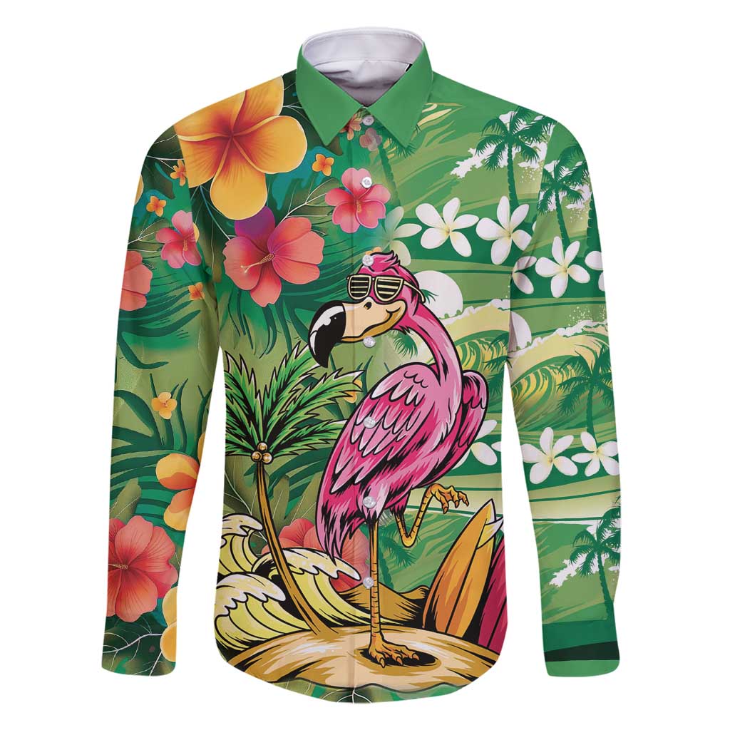 Hawaiian Flamingo Hibiscus Personalised Family Matching Long Sleeve Bodycon Dress and Hawaiian Shirt Green Summer Tropical Flowers LT9 Dad's Shirt - Long Sleeve Green - Polynesian Pride