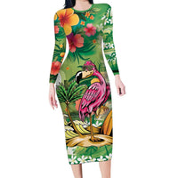 Hawaiian Flamingo Hibiscus Personalised Family Matching Long Sleeve Bodycon Dress and Hawaiian Shirt Green Summer Tropical Flowers LT9 Mom's Dress Green - Polynesian Pride