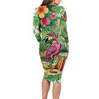 Hawaiian Flamingo Hibiscus Personalised Family Matching Long Sleeve Bodycon Dress and Hawaiian Shirt Green Summer Tropical Flowers LT9 - Polynesian Pride