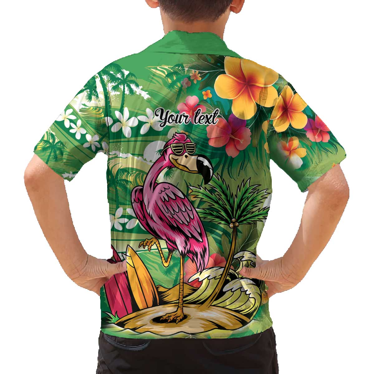 Hawaiian Flamingo Hibiscus Personalised Family Matching Off The Shoulder Long Sleeve Dress and Hawaiian Shirt Green Summer Tropical Flowers - Polynesian Pride