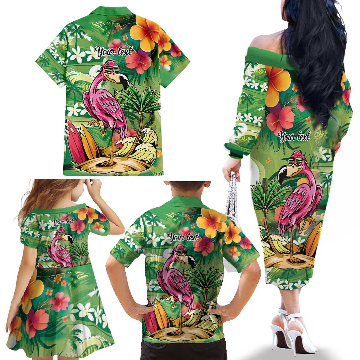 Hawaiian Flamingo Hibiscus Personalised Family Matching Off The Shoulder Long Sleeve Dress and Hawaiian Shirt Green Summer Tropical Flowers - Polynesian Pride