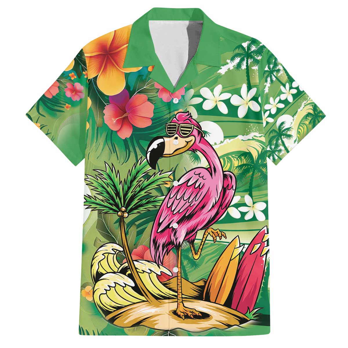 Hawaiian Flamingo Hibiscus Personalised Family Matching Off The Shoulder Long Sleeve Dress and Hawaiian Shirt Green Summer Tropical Flowers - Polynesian Pride