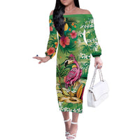 Hawaiian Flamingo Hibiscus Personalised Family Matching Off The Shoulder Long Sleeve Dress and Hawaiian Shirt Green Summer Tropical Flowers - Polynesian Pride