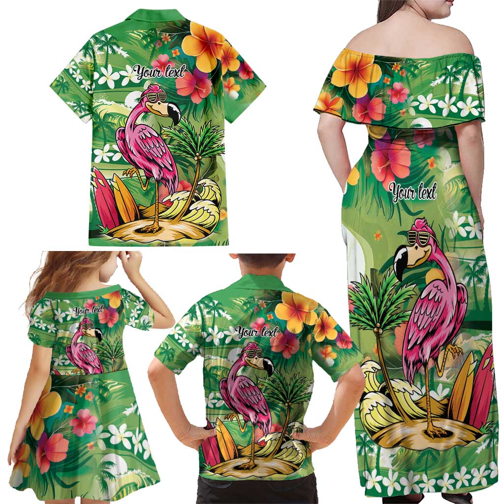 Hawaiian Flamingo Hibiscus Personalised Family Matching Off Shoulder Maxi Dress and Hawaiian Shirt Green Summer Tropical Flowers LT9 - Polynesian Pride