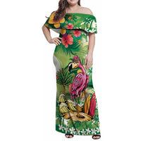 Hawaiian Flamingo Hibiscus Personalised Family Matching Off Shoulder Maxi Dress and Hawaiian Shirt Green Summer Tropical Flowers LT9 Mom's Dress Green - Polynesian Pride