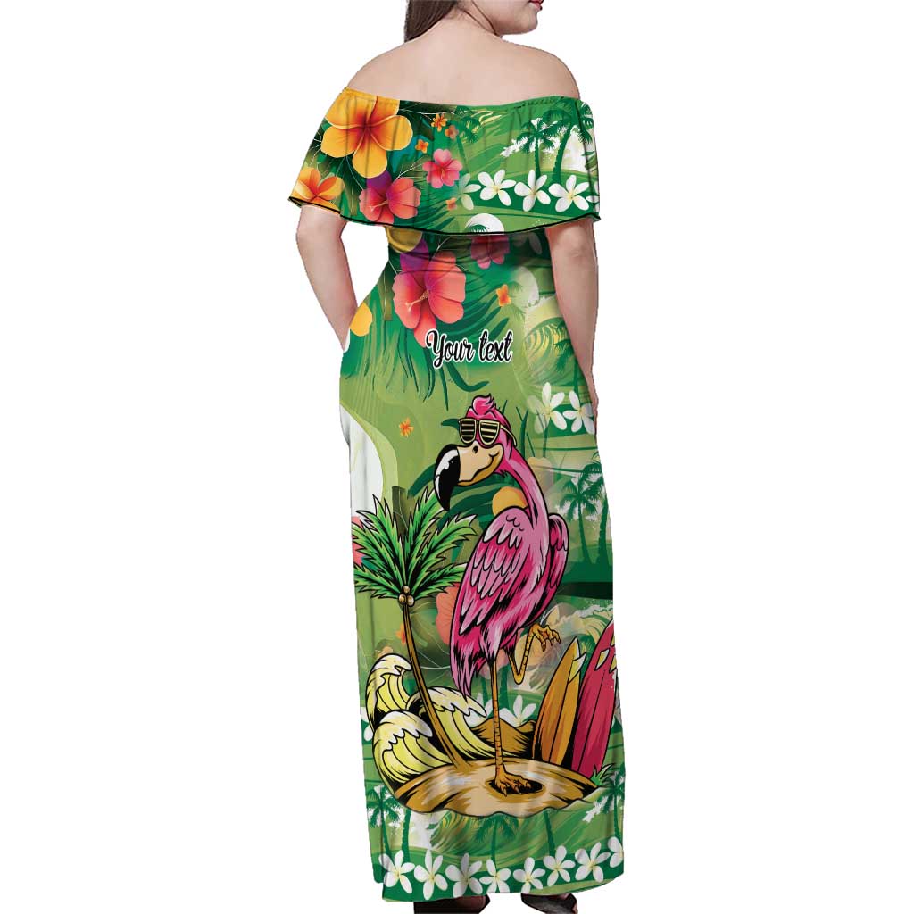 Hawaiian Flamingo Hibiscus Personalised Family Matching Off Shoulder Maxi Dress and Hawaiian Shirt Green Summer Tropical Flowers LT9 - Polynesian Pride