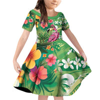 Hawaiian Flamingo Hibiscus Personalised Family Matching Off Shoulder Short Dress and Hawaiian Shirt Green Summer Tropical Flowers LT9 Daughter's Dress Green - Polynesian Pride