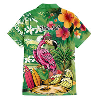 Hawaiian Flamingo Hibiscus Personalised Family Matching Off Shoulder Short Dress and Hawaiian Shirt Green Summer Tropical Flowers LT9 - Polynesian Pride