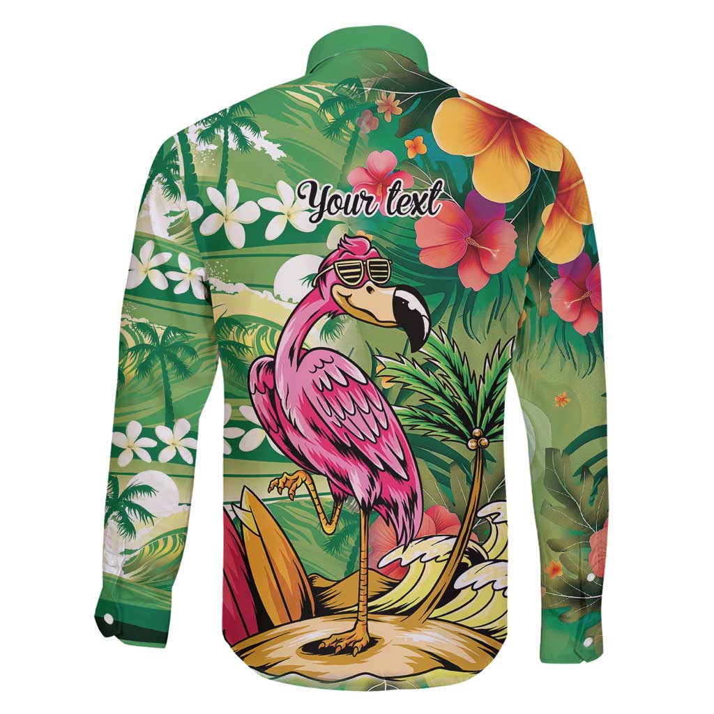 Hawaiian Flamingo Hibiscus Personalised Family Matching Off Shoulder Short Dress and Hawaiian Shirt Green Summer Tropical Flowers LT9 - Polynesian Pride