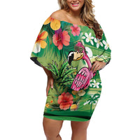 Hawaiian Flamingo Hibiscus Personalised Family Matching Off Shoulder Short Dress and Hawaiian Shirt Green Summer Tropical Flowers LT9 Mom's Dress Green - Polynesian Pride