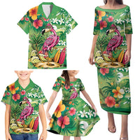 Hawaiian Flamingo Hibiscus Personalised Family Matching Puletasi and Hawaiian Shirt Green Summer Tropical Flowers LT9 - Polynesian Pride