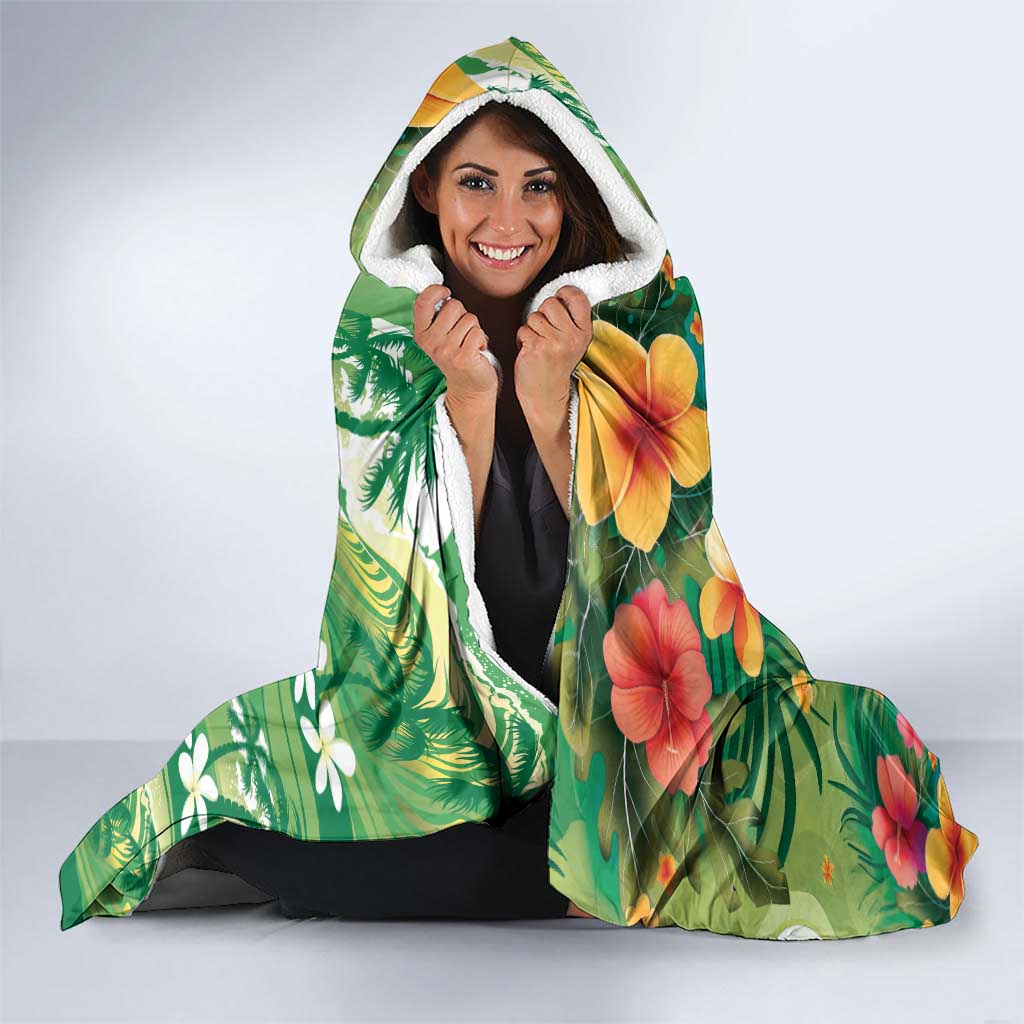 Hawaiian Flamingo Hibiscus Personalised Hooded Blanket Green Summer Tropical Flowers - Polynesian Pride