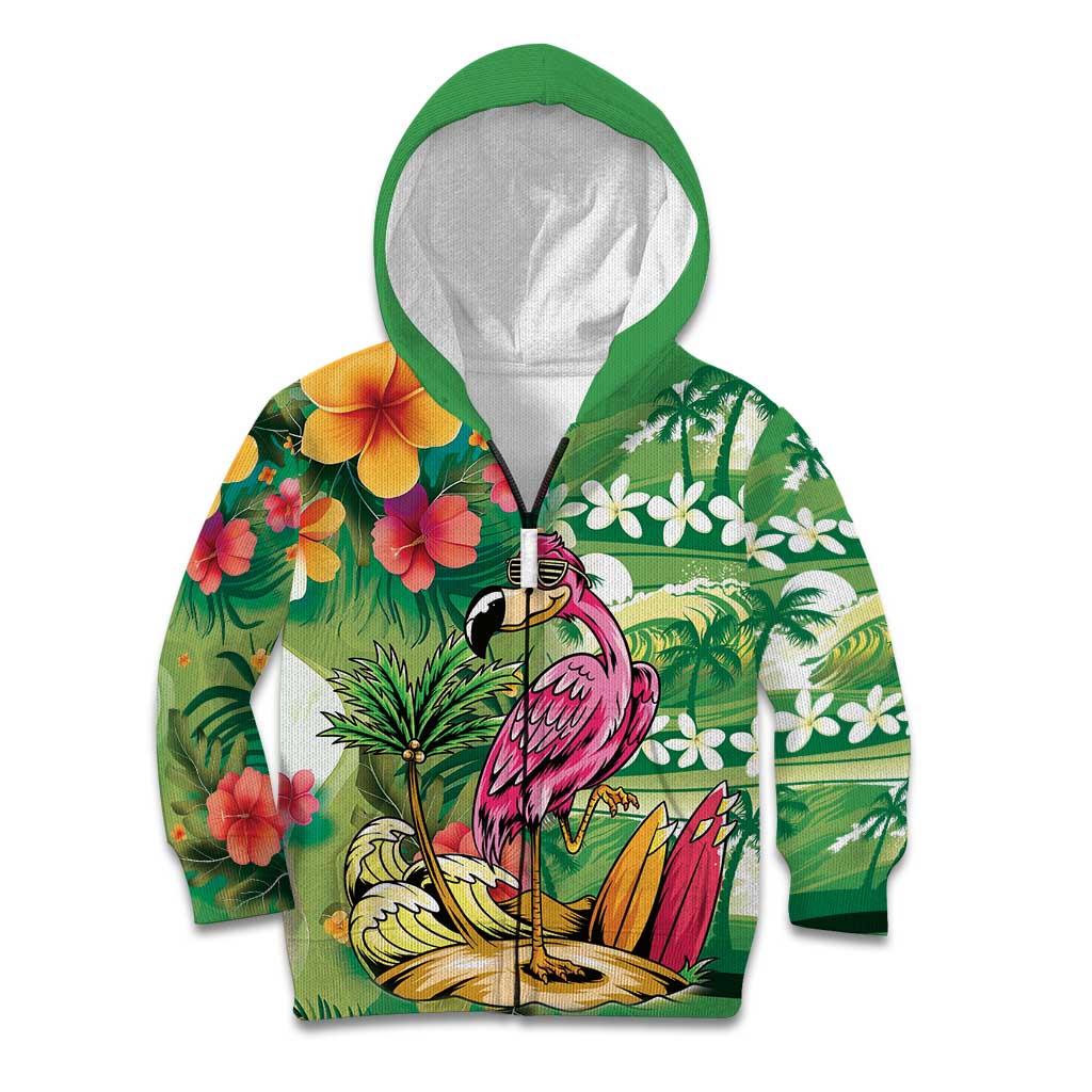 Hawaiian Flamingo Hibiscus Personalised Kid Hoodie Green Summer Tropical Flowers - Polynesian Pride