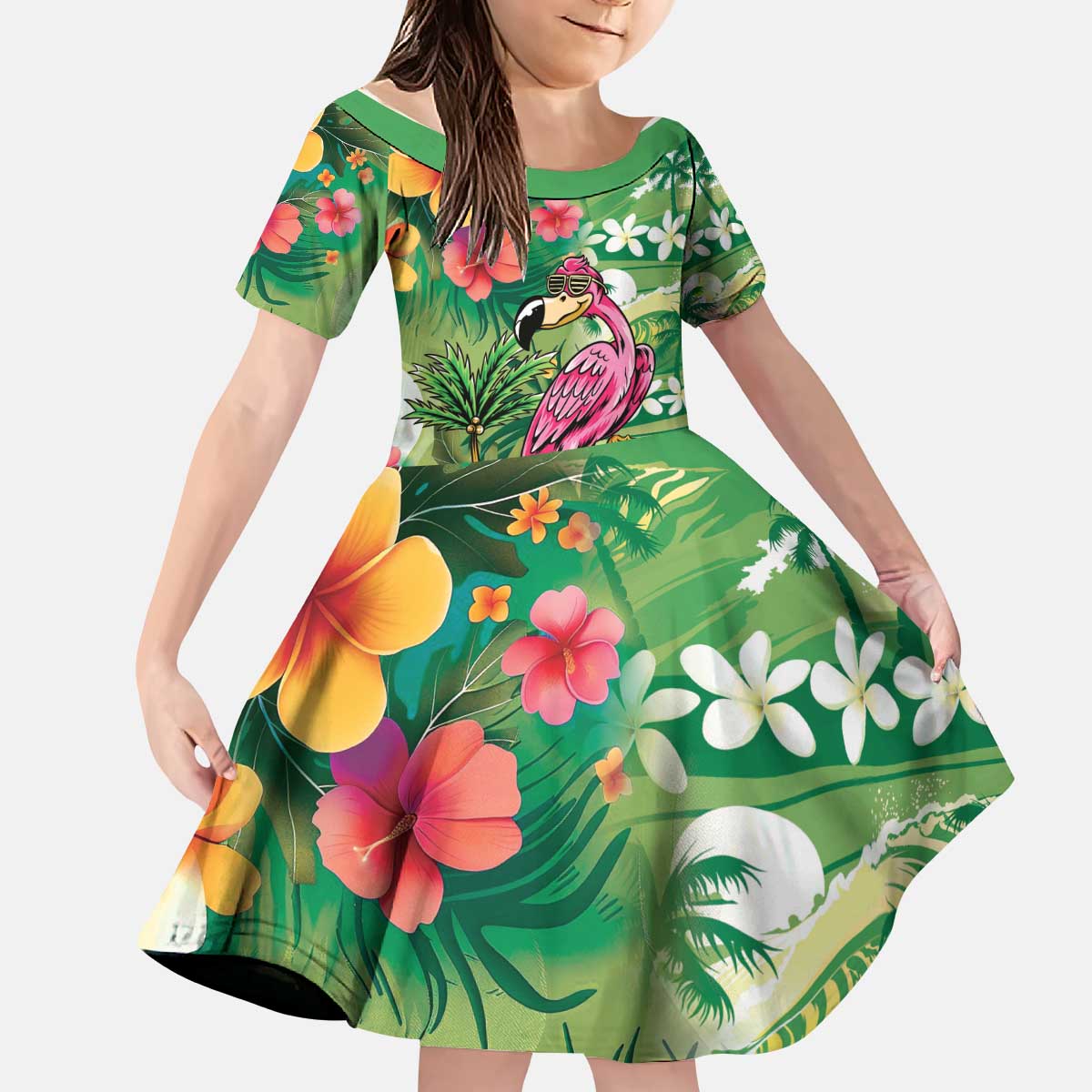 Hawaiian Flamingo Hibiscus Personalised Kid Short Sleeve Dress Green Summer Tropical Flowers - Polynesian Pride