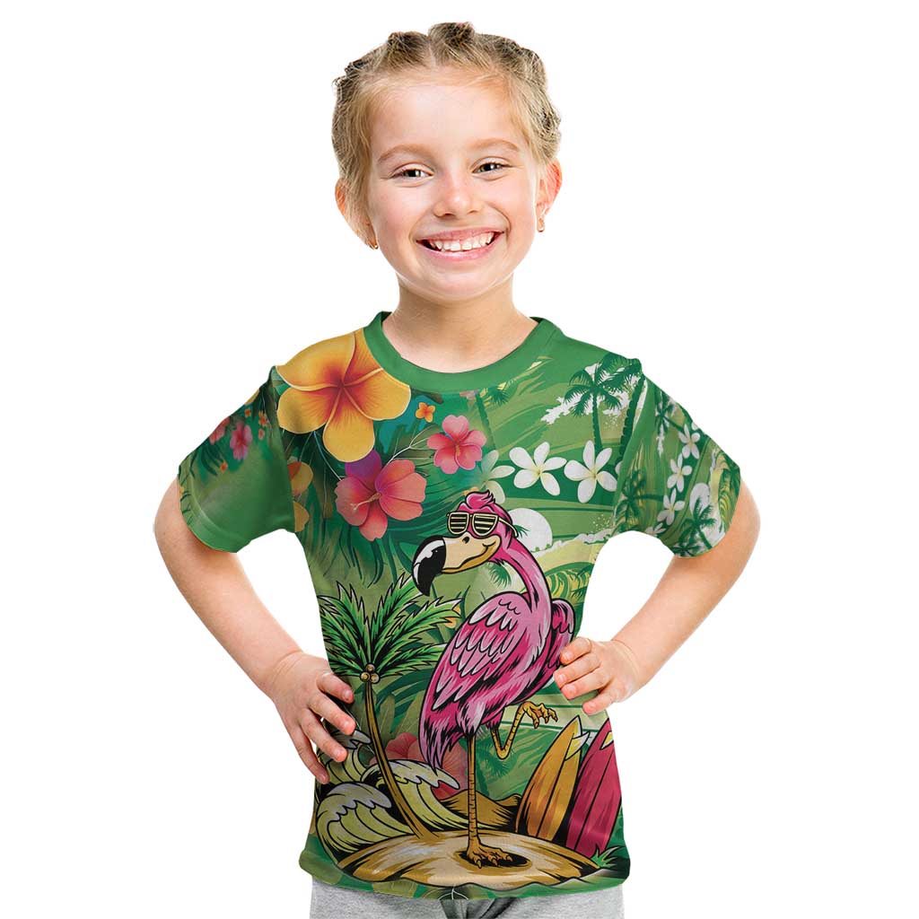 Hawaiian Flamingo Hibiscus Personalised Kid T Shirt Green Summer Tropical Flowers - Polynesian Pride