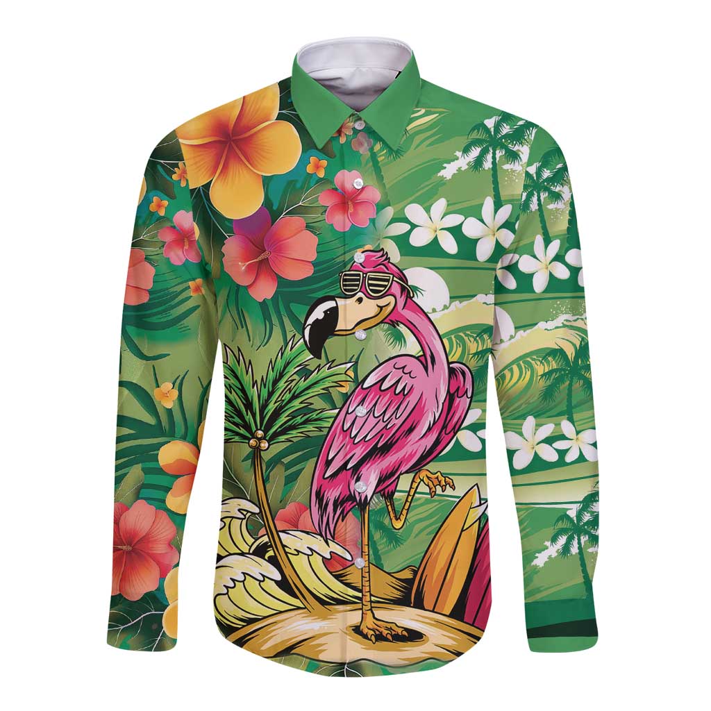Hawaiian Flamingo Hibiscus Personalised Long Sleeve Button Shirt Green Summer Tropical Flowers LT9 Unisex Green - Polynesian Pride