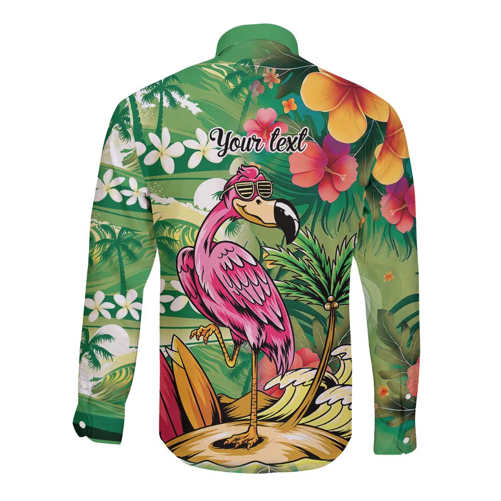 Hawaiian Flamingo Hibiscus Personalised Long Sleeve Button Shirt Green Summer Tropical Flowers LT9 - Polynesian Pride