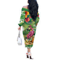 Hawaiian Flamingo Hibiscus Personalised Off The Shoulder Long Sleeve Dress Green Summer Tropical Flowers LT9 - Polynesian Pride