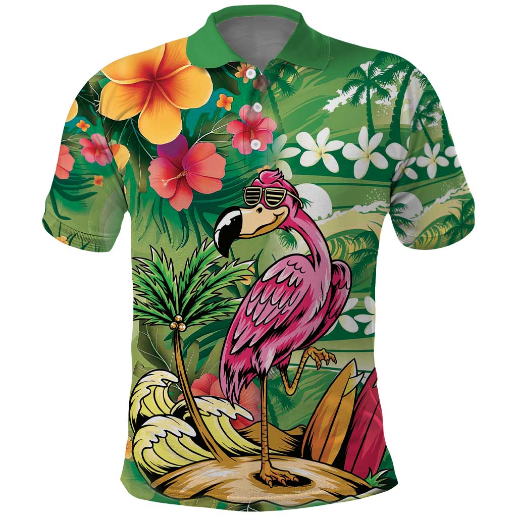 Hawaiian Flamingo Hibiscus Personalised Polo Shirt Green Summer Tropical Flowers - Polynesian Pride