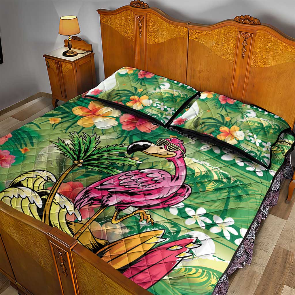 Hawaiian Flamingo Hibiscus Personalised Quilt Bed Set Green Summer Tropical Flowers - Polynesian Pride