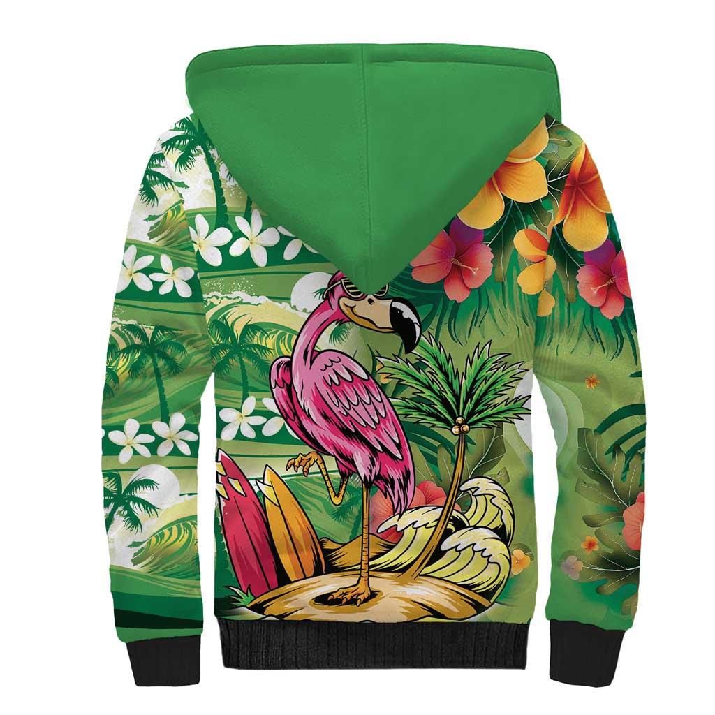 Hawaiian Flamingo Hibiscus Personalised Sherpa Hoodie Green Summer Tropical Flowers - Polynesian Pride