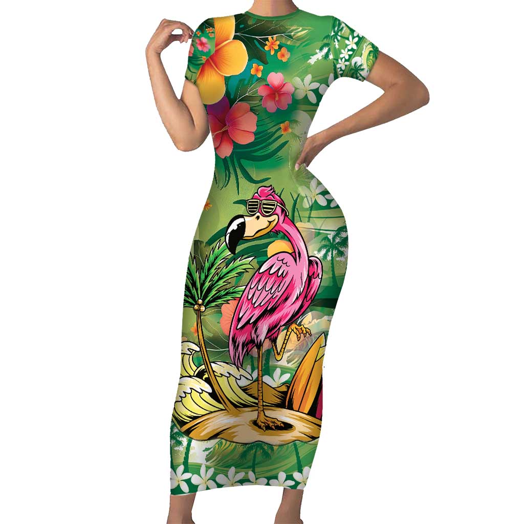 Hawaiian Flamingo Hibiscus Personalised Short Sleeve Bodycon Dress Green Summer Tropical Flowers - Polynesian Pride