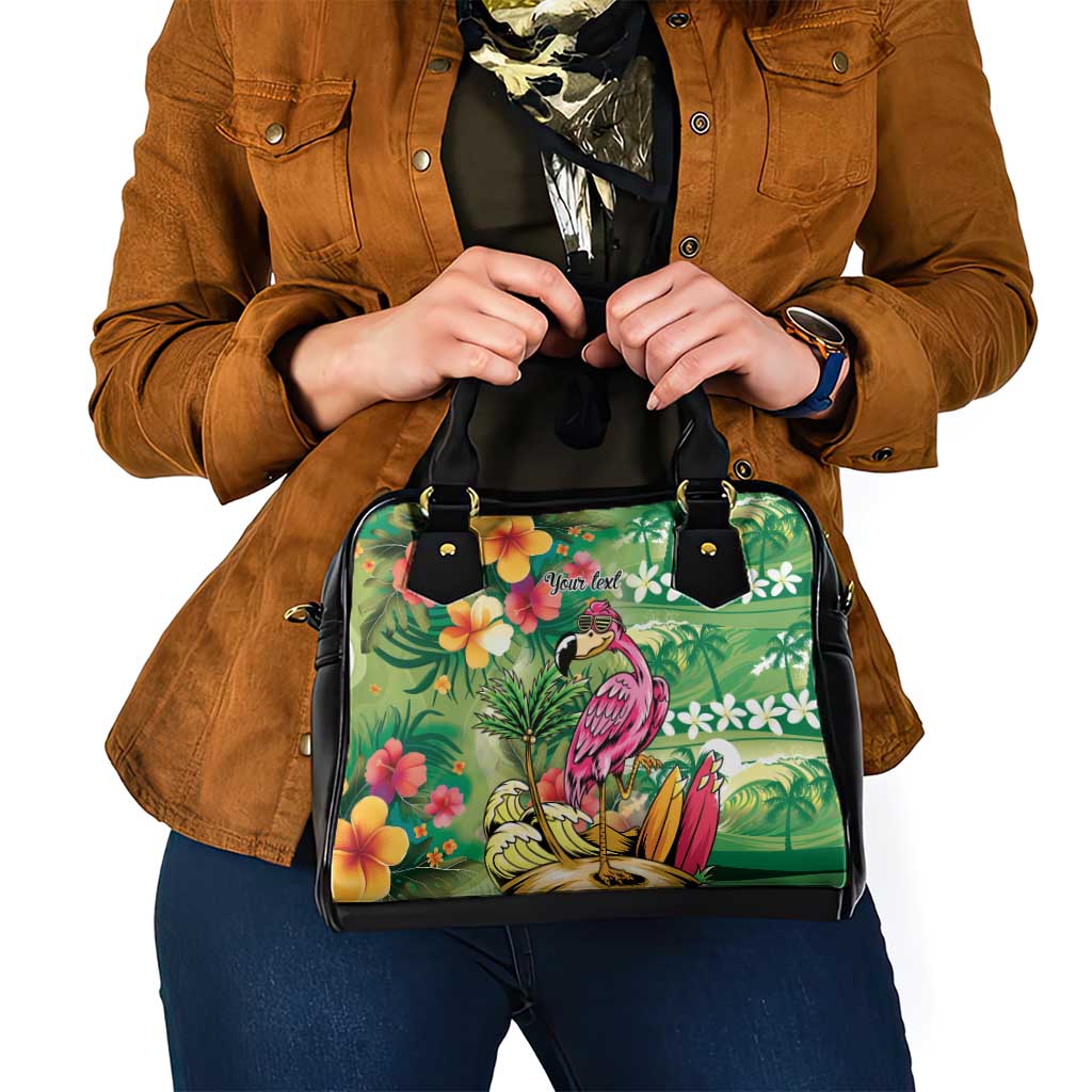 Hawaiian Flamingo Hibiscus Personalised Shoulder Handbag Green Summer Tropical Flowers - Polynesian Pride