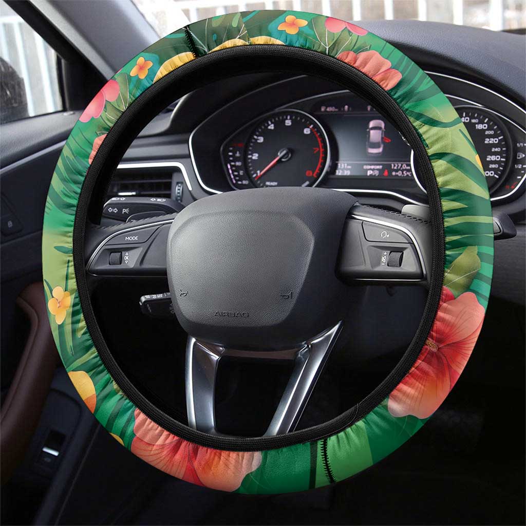 Hawaiian Flamingo Hibiscus Steering Wheel Cover Green Summer Tropical Flowers - Polynesian Pride