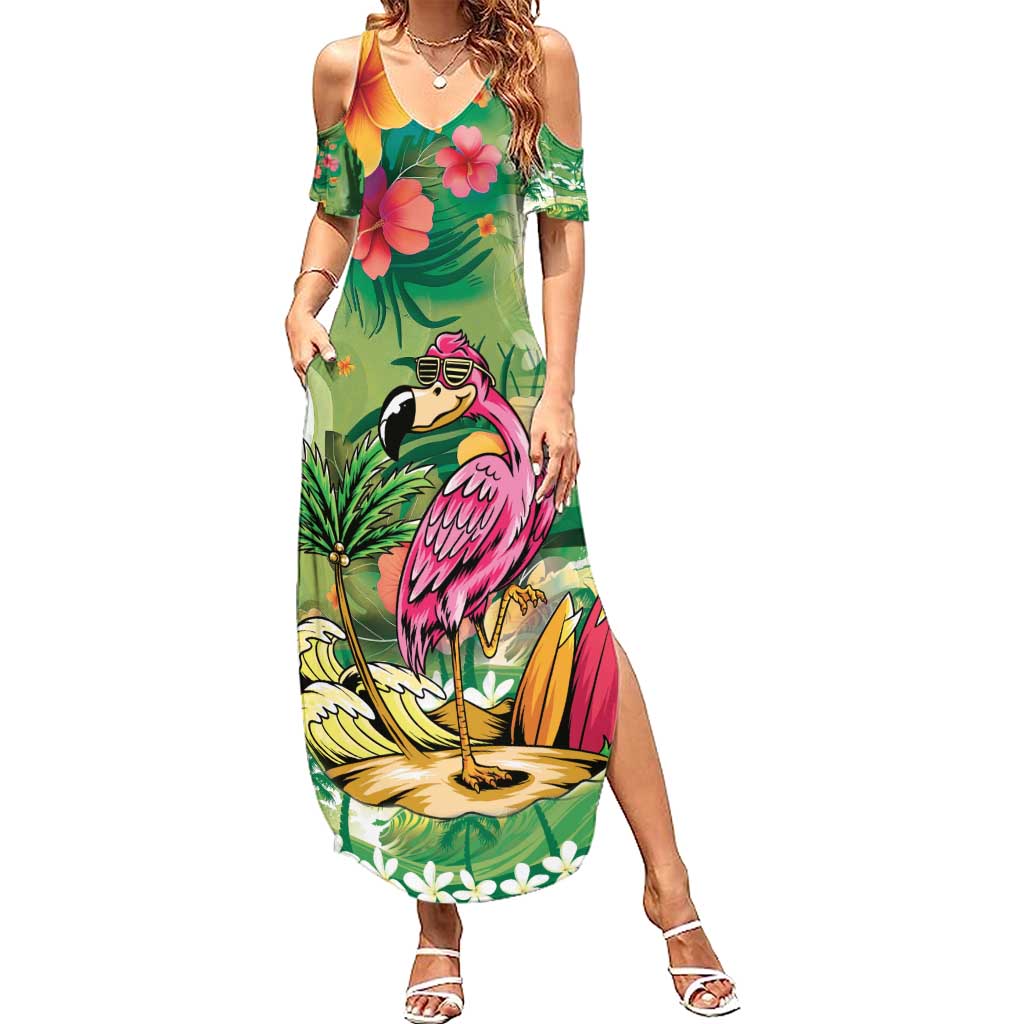 Hawaiian Flamingo Hibiscus Personalised Summer Maxi Dress Green Summer Tropical Flowers - Polynesian Pride
