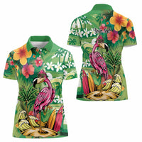Hawaiian Flamingo Hibiscus Personalised Women Polo Shirt Green Summer Tropical Flowers LT9 - Polynesian Pride