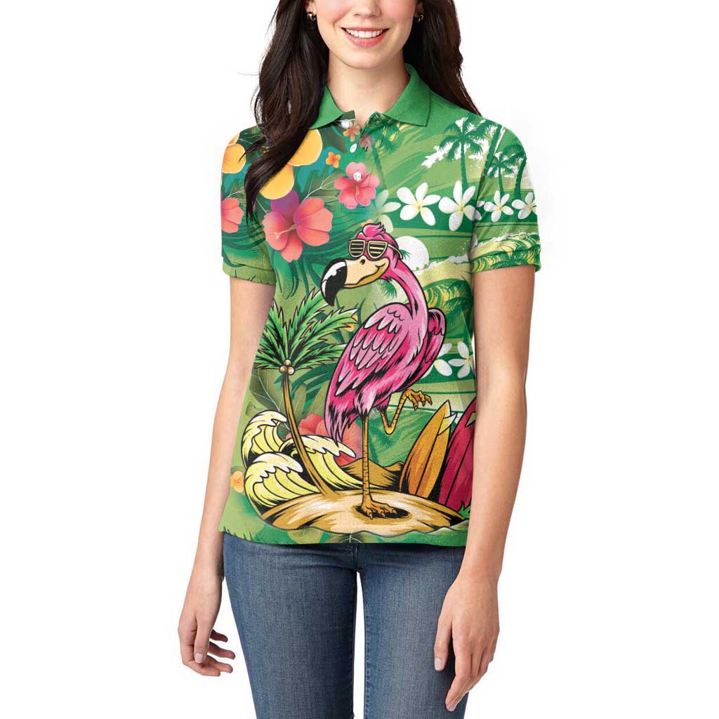 Hawaiian Flamingo Hibiscus Personalised Women Polo Shirt Green Summer Tropical Flowers LT9 - Polynesian Pride