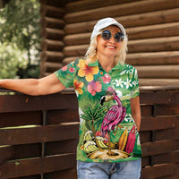 Hawaiian Flamingo Hibiscus Personalised Women Polo Shirt Green Summer Tropical Flowers LT9 - Polynesian Pride