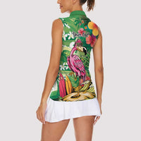 Hawaiian Flamingo Hibiscus Personalised Women Sleeveless Polo Shirt Green Summer Tropical Flowers LT9 - Polynesian Pride